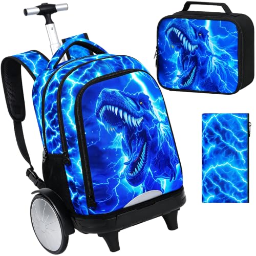 3Pcs Large Rolling Backpack for Boys, 20 Inch Detachable Wheeled Bookbag with Lunch Box, Durable Lightning Dinosaur Roller Backpack for Elementary Middle School (Blue) - color: Large Wheels Dinosaur Blue