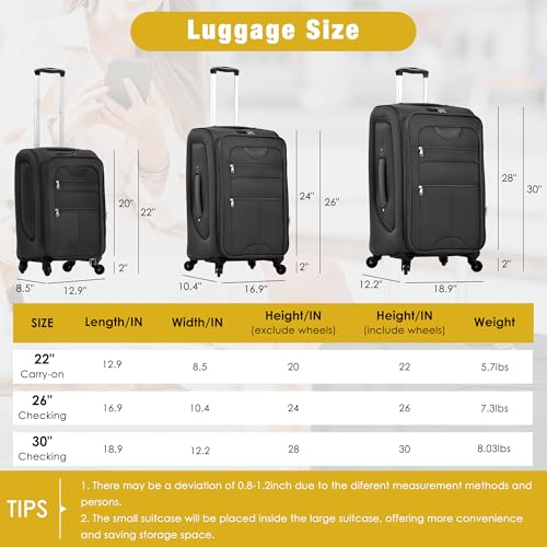 Merax Softside Luggage Set,5 Piece Expandable Suitcase Set.Black - color: Black, size: soft luggage(22/26/30)