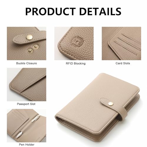 Passport Holder Cover PU Leather Travel Wallet Case RFID Blocking Travel Document Organizer for Women and Men Scandihome Series - color: Khaki
