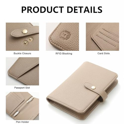 Passport Holder Cover PU Leather Travel Wallet Case RFID Blocking Travel Document Organizer for Women and Men Scandihome Series - color: Khaki
