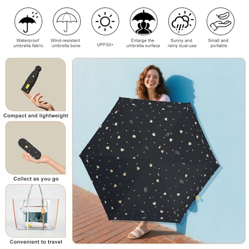 Mini Travel Umbrella, UPF 50+ Purse Umbrella with Case and Carabiner - color: Black with Heart-8 Ribs