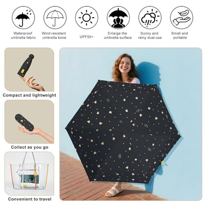 Mini Travel Umbrella, UPF 50+ Purse Umbrella with Case and Carabiner - color: Black with Heart-8 Ribs