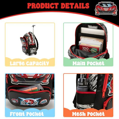 Meetbelify Kids Rolling Backpack with Wheels for Elementary Preschool Students Boys Travel Luggage Carry on Backpack for Boys Ages 6-8 - color: 02 Car