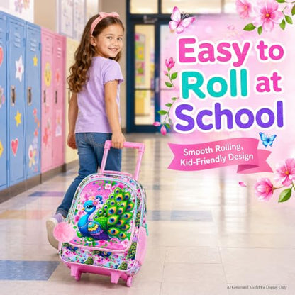 UFNDC 4PCS Girls Backpack with Wheels, Cute Kids Peacock Wheeled Backpack，Roller School Bag with Wheels for Elementary Preschool Travel - color: UV Printing Green Peacock Rolling Backpack