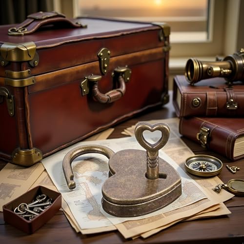 Lock Antique Brass Padlock with Key, Mini Bronze Vintage Heart Shape Anti-Theft Mini Padlock, Metal Heart Shaped Archaize Style, Travel Suitcase Luggage, Keyed, Hasps