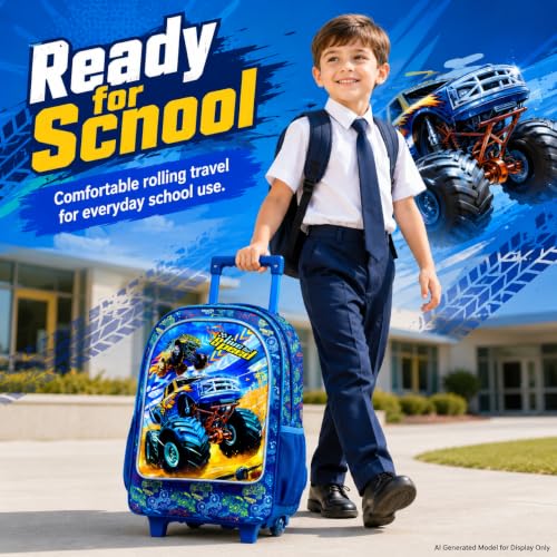 KLFVB Rolling Backpack for Girls Boys, Kids Roller Wheels School Bookbag with Lunch Bag, Wheeled School Bag for Children - color: Upgraded Uv Printing Blue 2*car Rolling Backpack