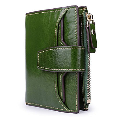Women's RFID Blocking Leather Small Compact Bi-fold Zipper Pocket Wallet Card Case Purse with id Window - color: Waxed Green
