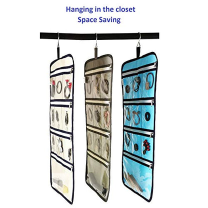 Hanging Jewelry Organizer with 10 Zippered Clear Pockets for Travel Suitcase and Home Closet Jewelry Storage Bag (BLUE) - color: BLUE