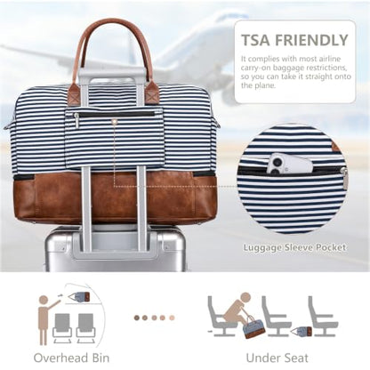 Large Women Travel Weekender Bag: Carry on Duffle with Shoe Compartment - color: Blue Striped