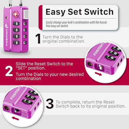 Fosmon TSA Approved Luggage Locks, 4 Digit Combination Cable Travel Lock for Suitcase & Backpack, Heavy Duty Metal Body Padlock with Open Alert Indicator (Purple, 2 Pack) - color: Purple 2 pack