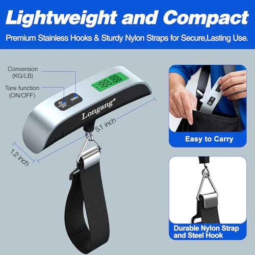 Digital Hanging Luggage Scale with Backlit for Travel, Portable Handheld Suitcase Weight Scale with Hook, 110 Pounds, Battery Included - color: Silver
