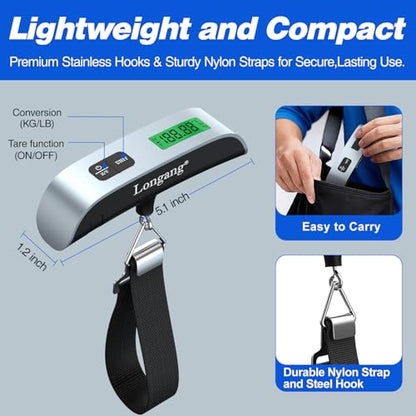 Digital Hanging Luggage Scale with Backlit for Travel, Portable Handheld Suitcase Weight Scale with Hook, 110 Pounds, Battery Included - color: Silver