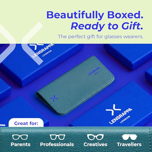 Luxury Slim Leather Glasses Case | Handmade Full-Grain Leather Eyewear Wrap with Magnetic Closure & Gift Box - color: Teal