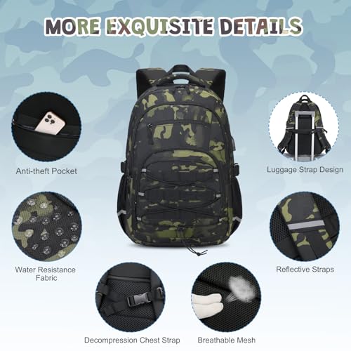 ACESAK 3PCS Camo Backpack for Boys with Lunch Box Pencil Case - color: Black Camo