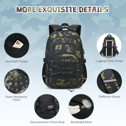 ACESAK 3PCS Camo Backpack for Boys with Lunch Box Pencil Case - color: Black Camo