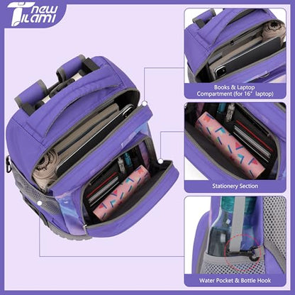 NEW TILAMI 16 Inch Rolling Backpack with Lunch Bag for Girls Boys School - color: Purple Watercolor
