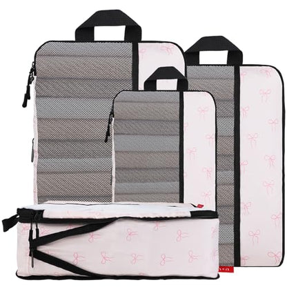 U+U 4 Set Compression Packing Cubes, Travel Organizers (Pink Bow) - color: Pink Bow, size: 4 Set
