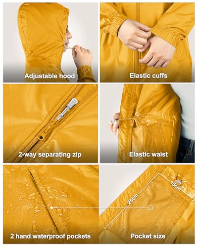 33,000ft Women's Waterproof Long Rain Coats Packable Rain Jacket with Hood - color: Amber Gold, size: X-Small