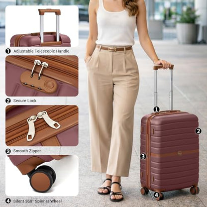 Kono Expandable 28 Inch Luggage with Spinner Wheels, Large Checked Luggage with Lock, Lightweight & Anti-Scratch PC+ABS Hardshell Travel Suitcase, Burgundy/Brown - color: Burgundy/Brown, size: Checked-large 28-inch