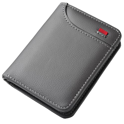 Mini Slim Wallet 5 Card Slots ID Window 1 Money Pocket Faux Leather Thin Compacted - color: Grey Crushed Grain