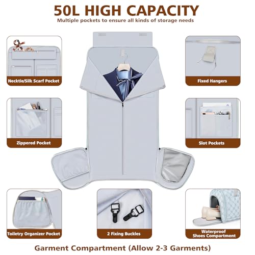 Rolling Garment Bag for Travel, 50L Duffle Bag with Shoe Compartment, 4pcs - color: Blue