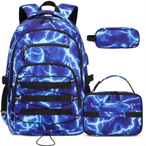 ACESAK 3PCS Camo Backpack for Boys with Lunch Box Pencil Case - color: Lightning