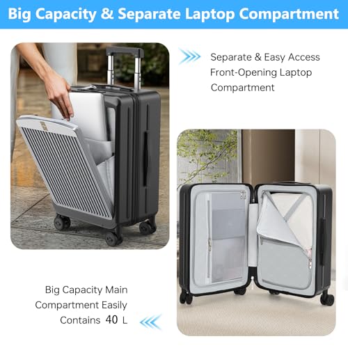 MGB Carry on Luggage Airline Approved, 20 Inch with TSA Lock | PC Hard Shell Suitcase with Double Spinner Wheels and USB Port, Lightweight for Travel & Business - color: Black, style: Front Pocket