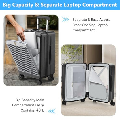 MGB Carry on Luggage Airline Approved, 20 Inch with TSA Lock | PC Hard Shell Suitcase with Double Spinner Wheels and USB Port, Lightweight for Travel & Business - color: Black, style: Front Pocket