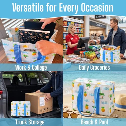VENO 2 Pack Utility Tote Reusable Grocery Bags with Zipper & Hard Bottom - color: Tropical Island, size: 2 Pack
