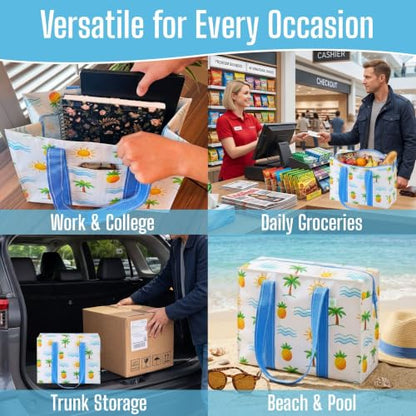 VENO 2 Pack Utility Tote Reusable Grocery Bags with Zipper & Hard Bottom - color: Tropical Island, size: 2 Pack