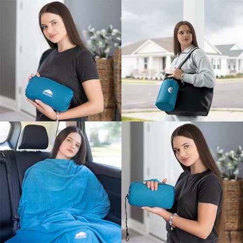 BlueHills Premium Ultra Compact Travel Blanket Pillow Airplane Peacock Teal | 2 in 1 Travel Pillow/Blanket, 70 X 56 Long, Luggage Strap & Backpack Clip, Packable & Lightweight for Airplane, Portable Case - color: C004-teal