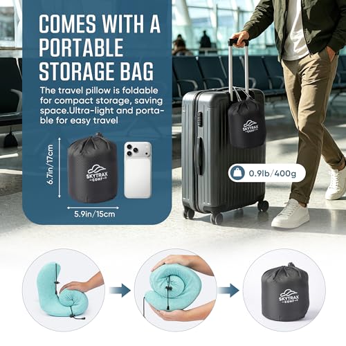 SkytraxComf® Travel Neck Pillow with Hood for Privacy on Long Flights - color: Mint Blue