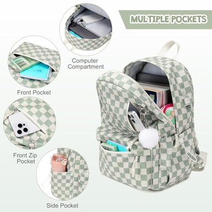 3PCS Corduroy Girls Backpack w/ Lunch Box & Pencil Bag (Green Chessboard) - color: Green Chessboard