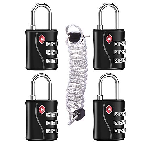 ZHEGE TSA Luggage Lock for Train 4 Pack, 1 Cable (30 Inch) (Black) - color: Black, 4Pack