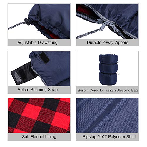 REDCAMP Cotton Flannel Sleeping Bag for Camping Backpacking, Adults Cold Weather Envelope Sleeping Bags with 2/3/4/6lbs Filling - color: Red Plaid with 3lbs Filling