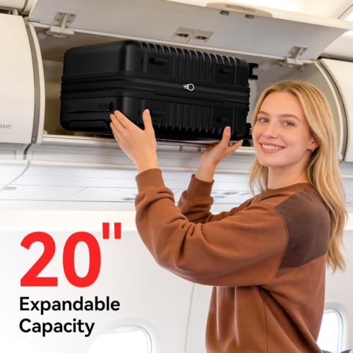 50.8cm(20인치) 기내용 수하물, 360° 스피너 휠이 있는 확장 가능한 여행 가방, 항공사 승인 55.9x35.6x22.9cm(22x14x9인치) PC 하드 쉘 수하물, 짧은 여행 및, 블랙., 스피너 휠이 있는 확장 가능한 하드 캐리어 - color: 블랙., size: 20in