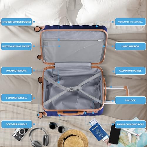 Flight Knight 22x18x10 Expandable Carry On Suitcase Hardside TSA Lock & USB C Port Lightweight Luggage Silent Double Spinner Wheels Maximum Spirit Overhead Carry-On Bag Airlines Approved Black/Tan - color: Navy/Tan, size: 22x18x10"