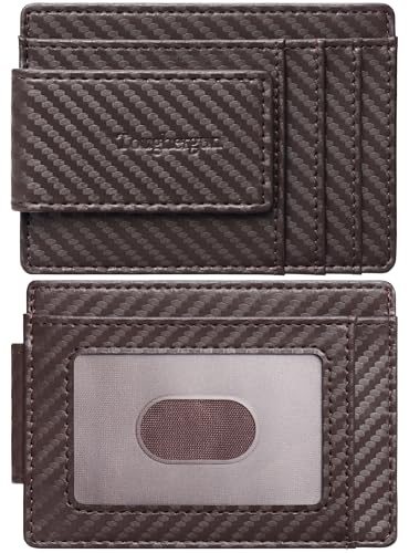 Toughergun Slim Wallet for Men RFID Blocking Money Clip, Minimalist Front Pocket Credit Card Holder, Magnetic Thin Mens Wallets with ID Window - color: Glossy Weave Brown