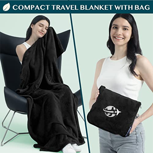 PAVILIA Compact 2-in-1 Travel Blanket Pillow for Airplane Flight, Black - color: Black