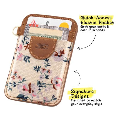 POCKT Elastic Card Holder Wallet for Women and Men, Genuine Leather Slim RFID Blocking Front Pocket Credit Card Holder, Cute Small Minimalist Wallet | Bloom - color: Bloom