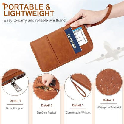 RFID Family Passport Holder Wallet - Travel Document Organizer - color: Brown