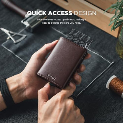 VULKIT Pop up Card Wallet Minimalist Cash Wallets RFID Blocking Leather Smart Credit Card Holder with ID window for Men - color: Top-Grain Cowhide Epresso