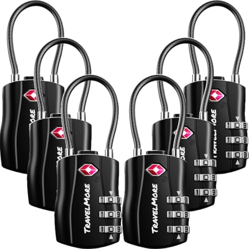 TravelMore TSA Approved Luggage Locks, Travel Combination Cable Locks - color: Black, size: 6 Pack