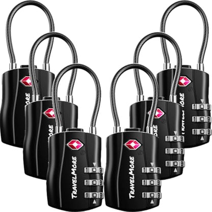 TravelMore TSA Approved Luggage Locks, Travel Combination Cable Locks - color: Black, size: 6 Pack