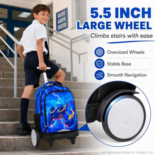KLFVB Big Quiet-Glide Wheels Roller Bag, 3-in-1 Rolling Backpack Set with Lunch Bag | Water-Resistant Wheeled Bookbag for Boys, School, Travel, Play - Lightning Game Controller - color: Rolling Backpack With Big Wheels - Lightning Game