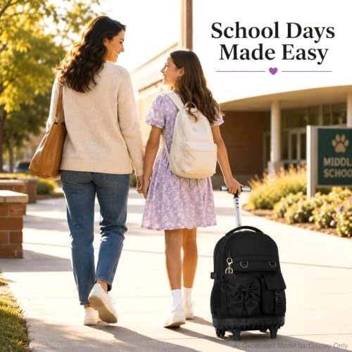 3Pcs Rolling Backpack for Girls Women, School Kids Roller Bookbag with Wheels, Wheeled Backpacks Set for Elementary (Black) - color: Bow Black