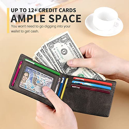 RUNBOX Wallet for Men, Slim Leather Bifold, RFID Blocking Card Holder - color: Rock Gray
