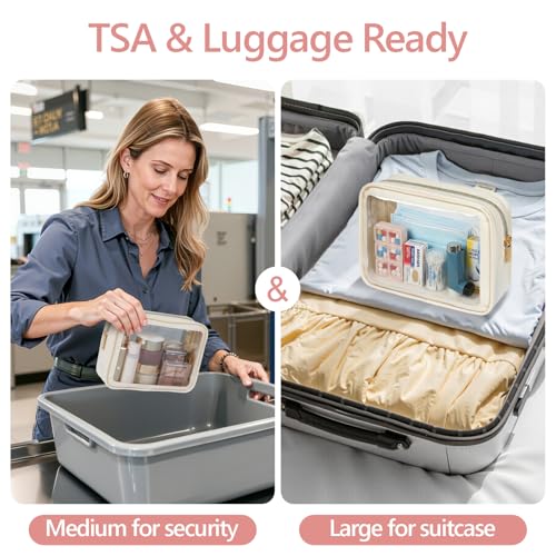 PACKISM Clear Makeup Bag Foldable - TSA Approved Toiletry Bag for Travel - color: 2 Pack Beige, size: Hybrid Traveler (1 Large & 1 Medium - Soft)