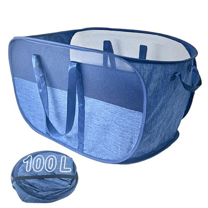 Extra Large Mesh Pop Up Laundry Hamper, 100L Collapsible Laundry Basket | Foldable Dirty Clothes Hamper with Reinforced Handles, Tear-Resistant, Space-Saving for Bedroom Dorm Bathroom Home RV Stair - color: Blue