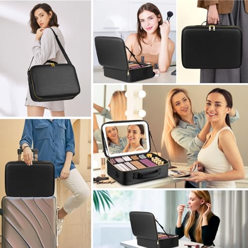 15''X11'' Large Capacity Makeup Bag with LED Mirror, Professional Makeup Case Organizer with 3 Color Light Adjustable Brightness, Travel Make up Cosmetic Case with Detachable Dividers & Shoulder Strap - color: Black, style: Integrated